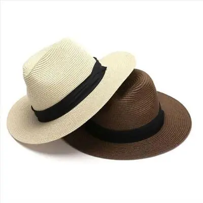 Men Women Straw Jazz Fedora Hat Trilby Cuban Sun Cap Panama Wide Brim Summer USA • $34.01