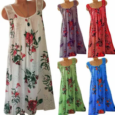 $19.89 • Buy Plus Size Women Boho Floral Sleeveless Mini Dress Summer Beach Loose Vest Dress