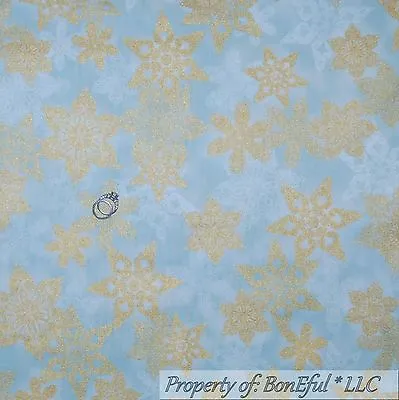 BonEful FABRIC FQ Cotton Quilt Blue White Gold Metallic SNOWFLAKE Winter Scenic • $5.78