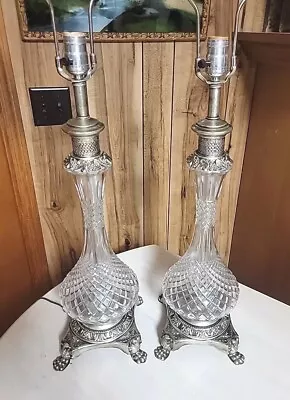 Vintage 2 Cut Crystal Lamps PAIR Tabletop Genie Bottle Shape Hollywood Regency  • $135