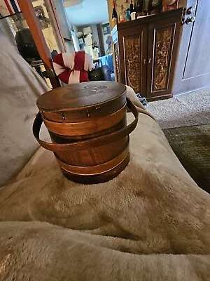 7” Wooden Firkin Sugar Bucket Rustic Handle & Lid Rare Vintage Squirrel Antique  • $80