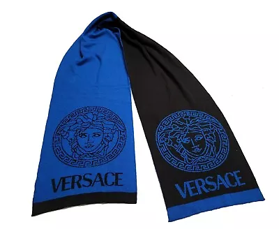 Versace Designer Scarf Medusa Head Greek Key Royal Blue Black Made In Italy • $164.95