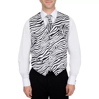 Men's Zebra Animal Print Tuxedo Vest Tie Hanky Set Proms Fashion Waistcoat • $33.95