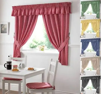 £14.89 • Buy GINGHAM CHECK KITCHEN CURTAIN ~ FREE Tiebacks ~ Many Colours & Sizes