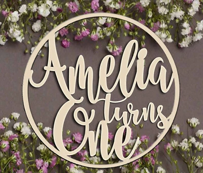 Personalized MDF 1st Birthday Sign Hoop Wooden Ring Circle Custom Name Age • $4