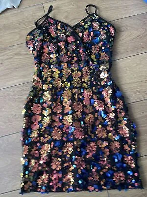 Quiz Size 8 S Womens Strappy Bodycon Sparkly Sequin Rainbow Gold Dress Party • £12