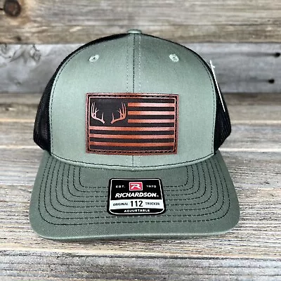 Deer Antlers Flag Leather Apatch Richardson Trucker Hat • $30