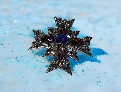 FLOREZA Signed PURPLE BLUE MALTESE CROSS BROOCH PENDANT VINTAGE JEWELRY • $75