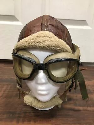 Vintage US Military WWII Type B-6 Winter Flying Leather Helmet And Goggles • $249.99