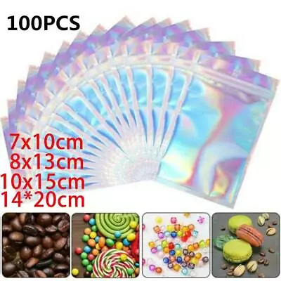 100Pcs Holographic Rainbow Zip Lock Bags Clear Zip Seal Mylar Bags Foil Pouches • £7.55