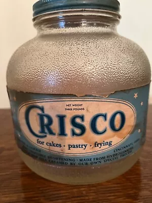 Vintage Hazel Atlas Glass  Crisco  Textured Empty Jar With Original Screw On Lid • $27