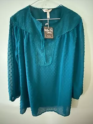 Matilda Jane Shirt Top Teal Blue/Green Sheer Swiss Dot   Medium  New With Tags • $13.50