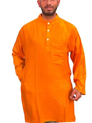 Saffron Indian Punjabi Men's Collarless Long Kurta•Kurtha•Grandad Shirt(PSR) • £19.99