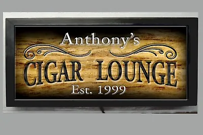 Led Lighted Cigar Lounge Bar Sign Personalized Engraved Wood Look  • $75.95