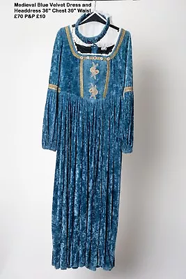 Blue Velvet Medieval Dress And Headdress Size 10 Chest 36  Waist 30  • £70