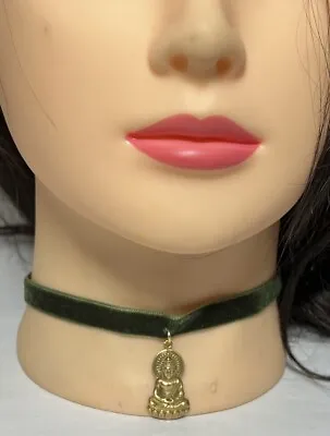 Buddha Pendant Choker Necklace 90's Vintage Green Velvet N.D. S333 • $16.99