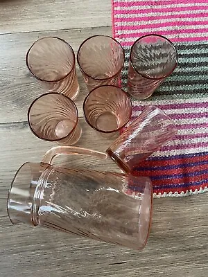 Vintage Pink Mid Century Glass Pitcher And Glasses Set Of 6 Twist Design Arcoroc • $65