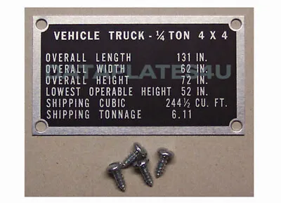 SHIPPING DATA PLATE FORD GPW WILLYS MB & Including Screws  • $18.50