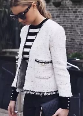 Zara Cream Ecru Textured Tweed Sequinned Pearl Button Boucle Blazer Jacket M • $63.15