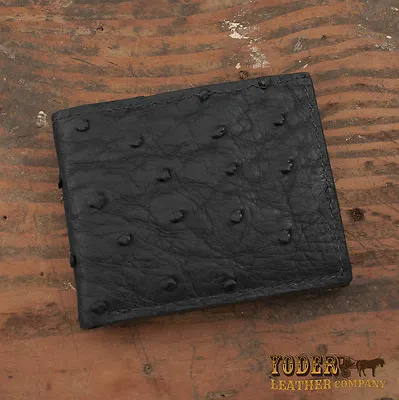 Black Ostrich Bifold Wallet - Genuine Ostrich Skin Amish Handmade Cash Billfold • $79.95