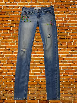 Womens Hollister Size 3 W26 L31 Uk 8 Blue Floral Distressed Denim Skinny Jeans • £11.99