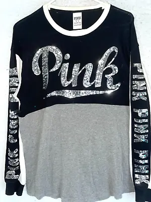 Victoria Secret PINK Tshirt M Long Sleeve Womens Top Tee Logo Sequin Bling Black • $37.99