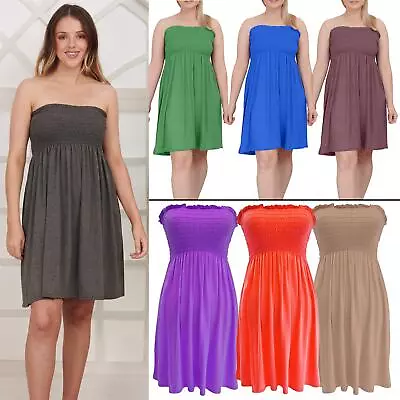 Ladies Strapless Sheering Tube Boob Gather Bandeau Summer Top Ladies Mini Dress • £8.99