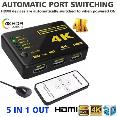 4K HDMI Switch Switcher 5 Port Splitter Hub IR Remote For HDTV PS3 5 In 1 Out UK • £7.49