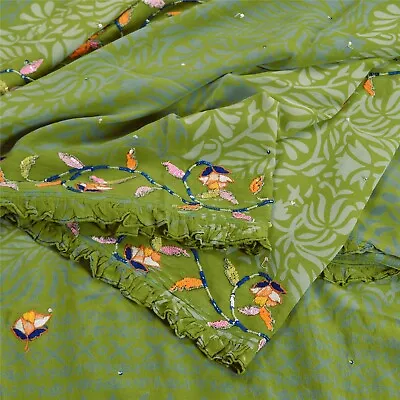 Sanskriti Vintage Bollywood Sarees Pure Georgette Green Hand Beaded Sari Fabric • $37.23