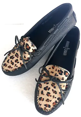 Minnetonka Leopard Kilty Driving Moccasins Calf Hair Slip On 690F Size 9.5 Black • $39