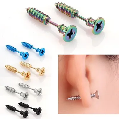 2pcs Mens Womens Screw Back Earrings Punk Goth Stainless Steel Stud Silver Gift • £3.49