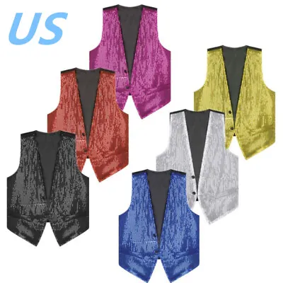 US Men Glitter Sequin Vest Waistcoat Sleeveless Disco Party Dance Tops Clubwear • $17.47