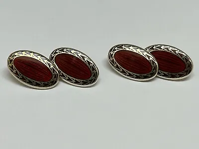 Vintage Sterling Silver Brown Red Enamel Guilloche  H&h Gold Vermeil Cufflinks • $74