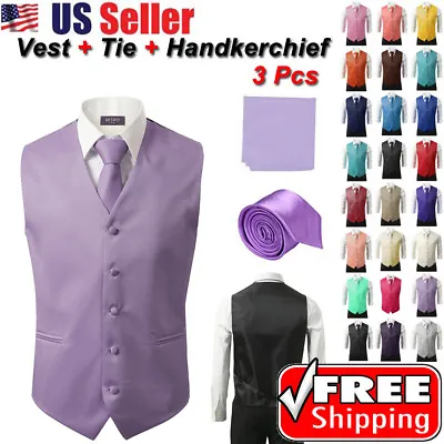 SET Vest Tie Hankie Fashion Men's Formal Dress Suit Slim Tuxedo Waistcoat Coat • $22.99