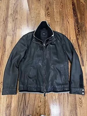Hugo Boss Men’s Aviator Bomber Jacket Lamb Leather Wool Zipper Black Size 40R • $378.54