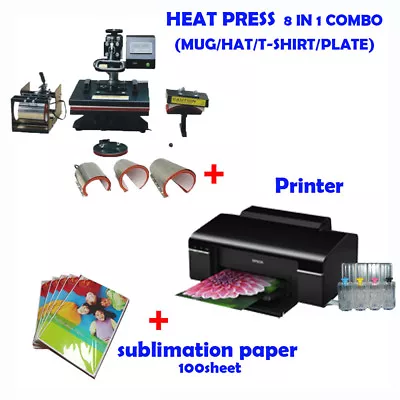 8 In 1 HEAT PRESS MACHINE + Printer (with Ink) + Sublimation Ink Paper • $1141