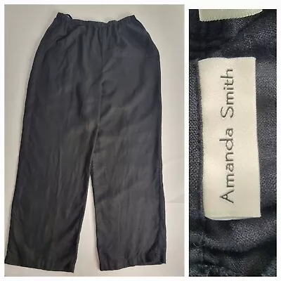 Amanda Smith Pants Womens Size Large 100% Linen Straight Leg Elastic Waist Black • $24.95