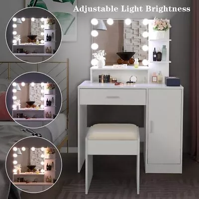 Vanity Makeup Table Set With 10LED Lighted Mirror Bedroom Dressing Table White • $143.91