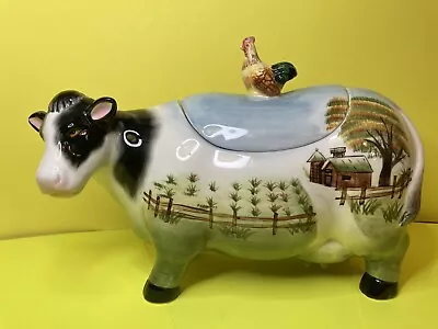 WCL Ceramic Cow & Rooster Handle Cookie/Snack Jar- Farm Scene- VTG C.1990s • $55