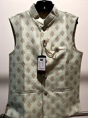 INDIVOUGE Ethnic Nehru Jacket Vest Men's Firozi & Gold Size 36 Small • $35