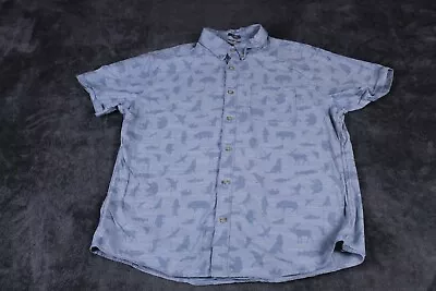 Eddie Bauer Shirt Men Large Blue Bear Fish Moose Short Sleeve Logo Button Up Top • $11.03