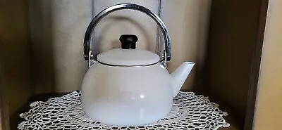 Vintage Enamel White Black Trim Cowboy Farmhouse Coffee Tea Pot Kettle • $24.99