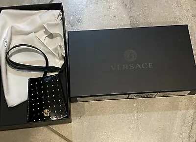 NEW Versace Made In Italy Black Leather Gold Medusa Studded Luggage Tag Keychain • $160