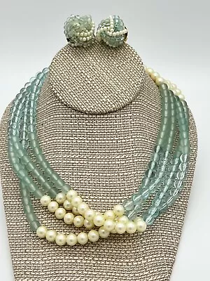 VTG Cream Faux Pearl Aquamarine Blue Plastic Beaded Necklace ClipOn Earrings Set • $30.88