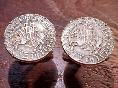 Knights Templar Soldiers Of Christ On Horse Denarius Silver Tone Coin Cufflinks! • $38.95