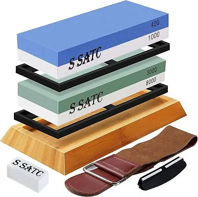 SATC Whetstone Knife Sharpening Wet Stone Set 400/1000/3000/8000 Grit Dual-Side • $34.99