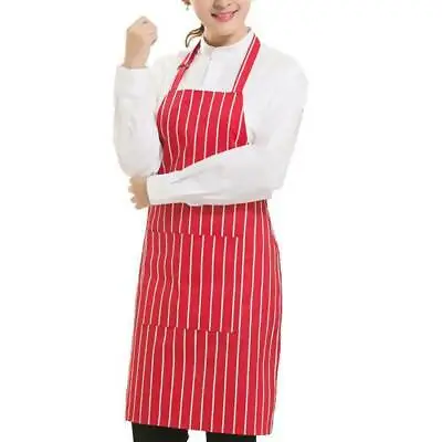 Striped Chef Aprons Check Cotton Butcher Cooking Kitchen Catering BBQ Bib Pocket • £7.99