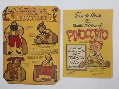 Lot Of 2 Pinocchio; Mickey Mouse Post Toasties 1935 & Promo TV Pinocchio 1957 • $30