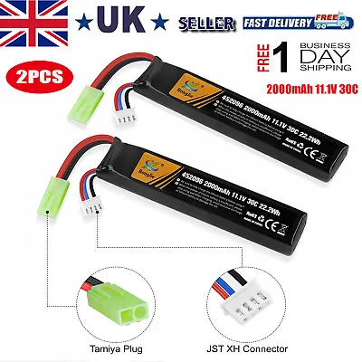 2pcs 11.1V 2000mAh Airsoft Stick Battery 30C LiPo Battery +Mini Tamiya Connector • £26.99