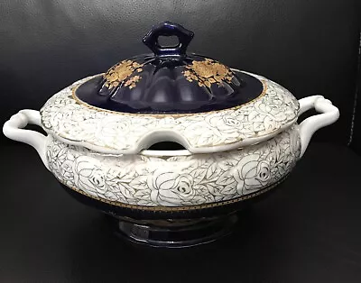 VTG Haas & Czjzek Cobalt Porcelain Tureen W/ Handles & Lid Czech Republic • $258.64